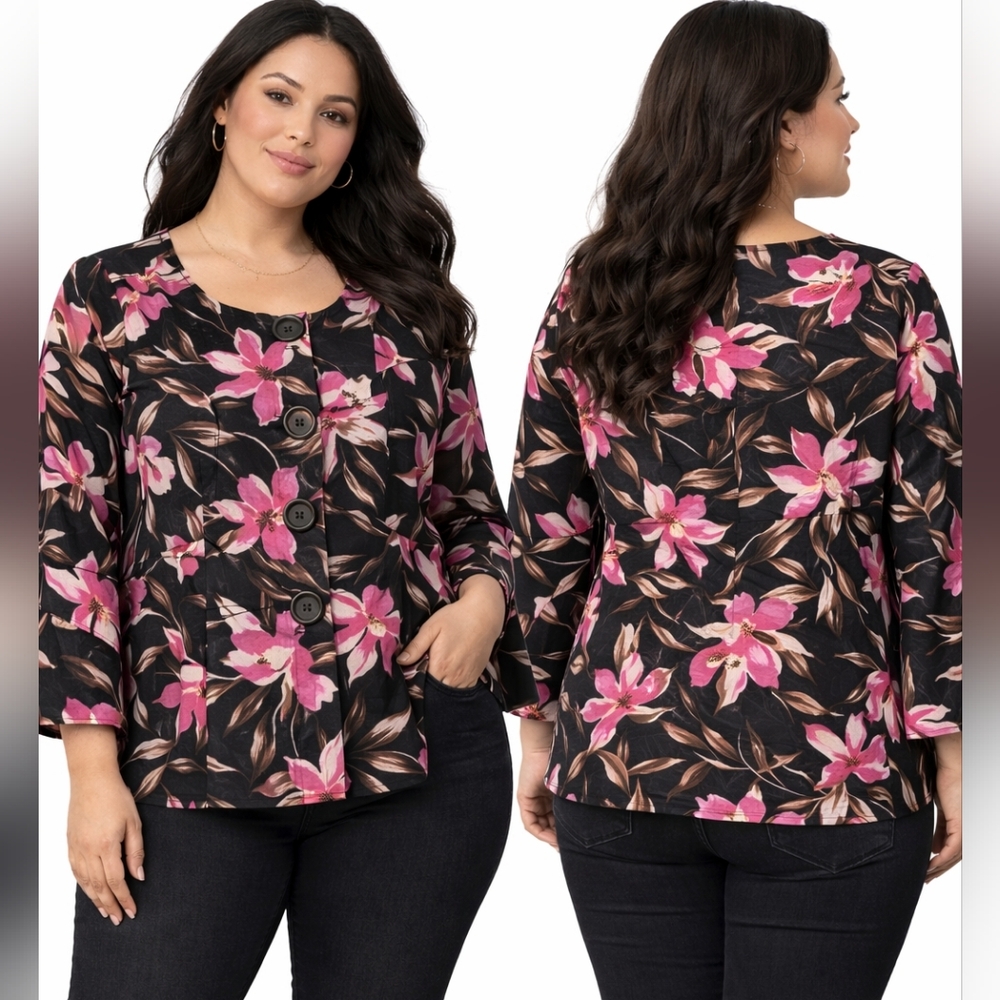 Nwt Trenz Theresa Renz Silk Rayon Blazer Jacket Floral Print Plus Size Vintage